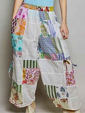 🩵Hello Gorgeous!POL Printed Patchwork Wide Leg Pants Adjustable Side Drawstring